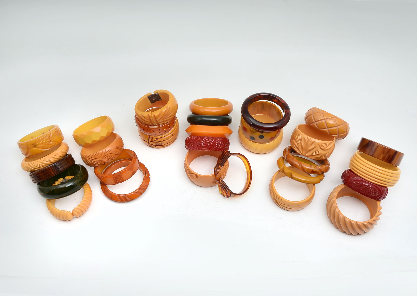 Appraisal: BAKELITE BRACELETS Fantastic collection of Bakelite bracelets including many carved