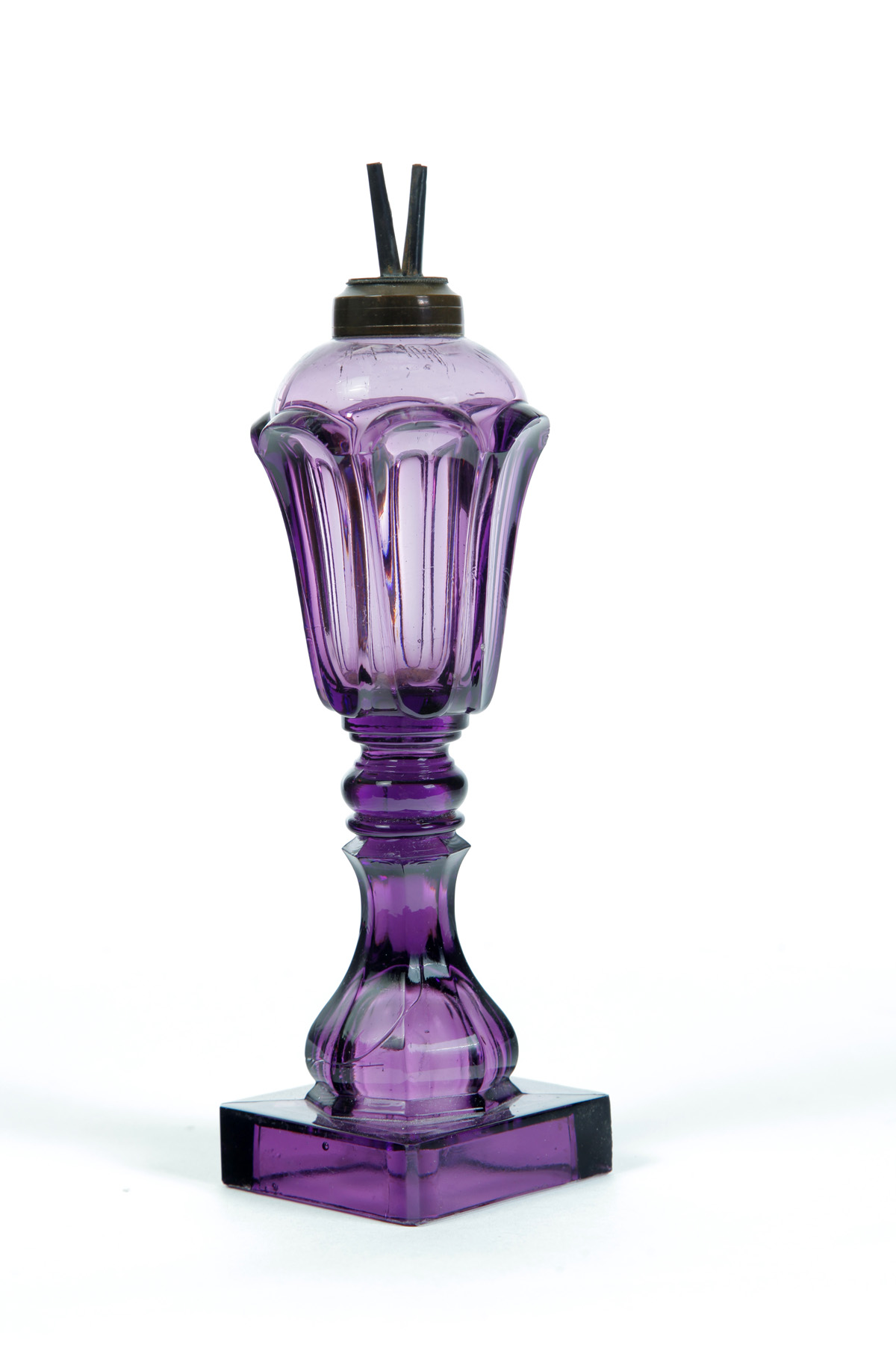 Appraisal: AMERICAN SANDWICH GLASS AMETHYST OIL LAMP Mid th century Pressed