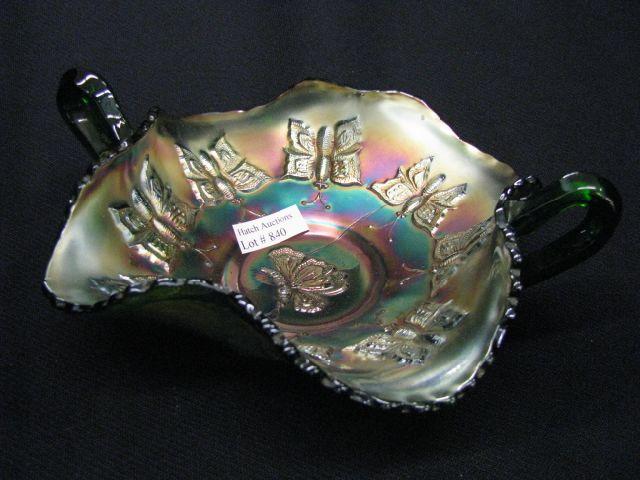 Appraisal: Carnival Glass Bon Bon Dish butterfly decor handled green