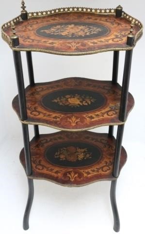 Appraisal: LATE TH CENTURY THREE TIERED CONTINENTALMARQUETRY STAND WITH METAL MOUNTS