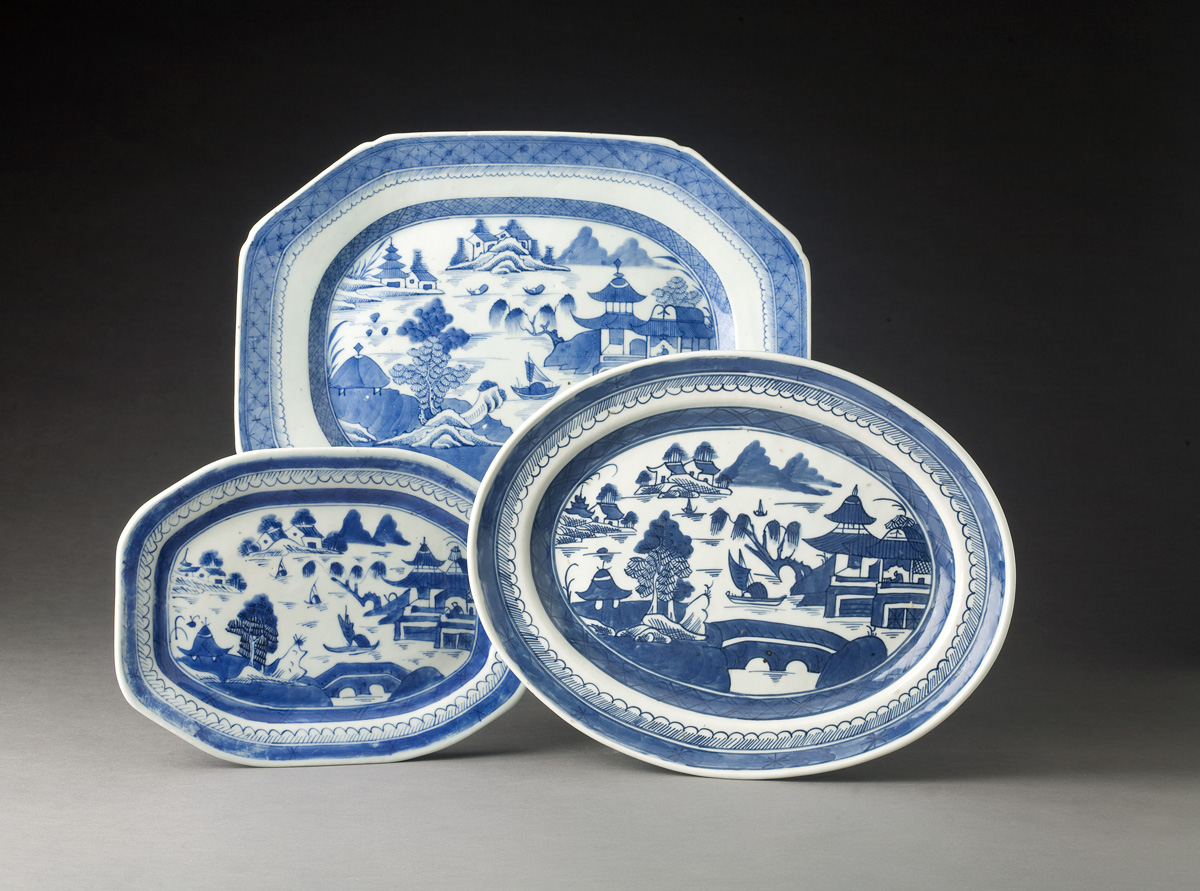 Appraisal: THREE CANTON PLATTERS INCLUDING AN OVAL EXAMPLE AND TWO WITH