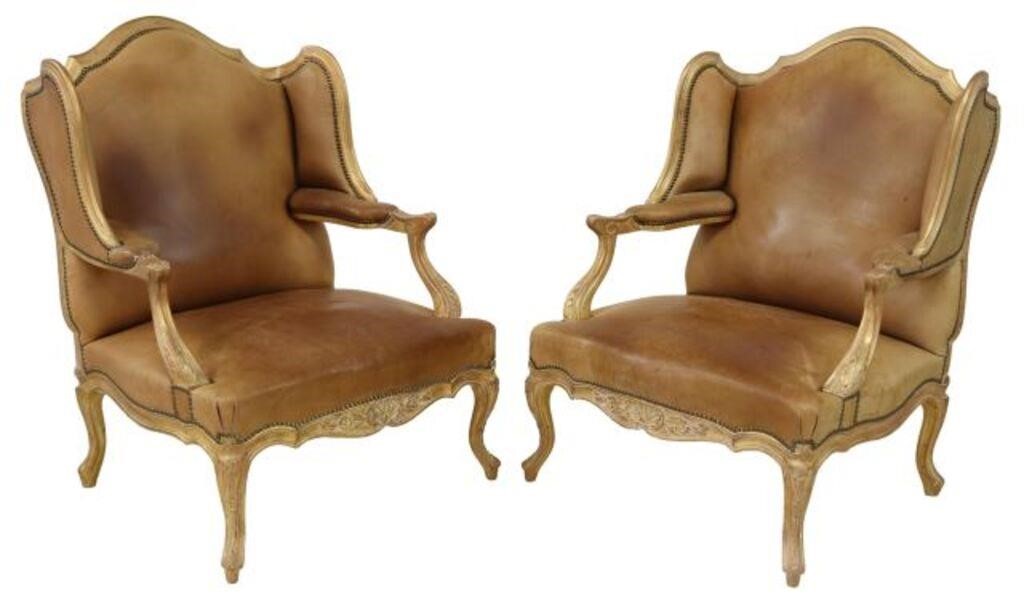 Appraisal: pair Louis XV style giltwood wingback armchairs th c carved