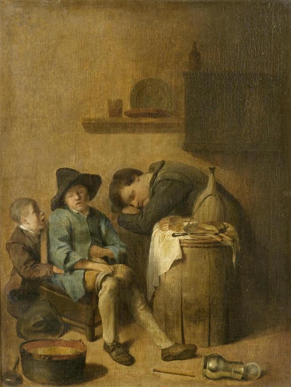 Appraisal: DUYFHUYSEN PIETER JACOBSZ Rotterdam Interior with two gentlemen sleeping Oil