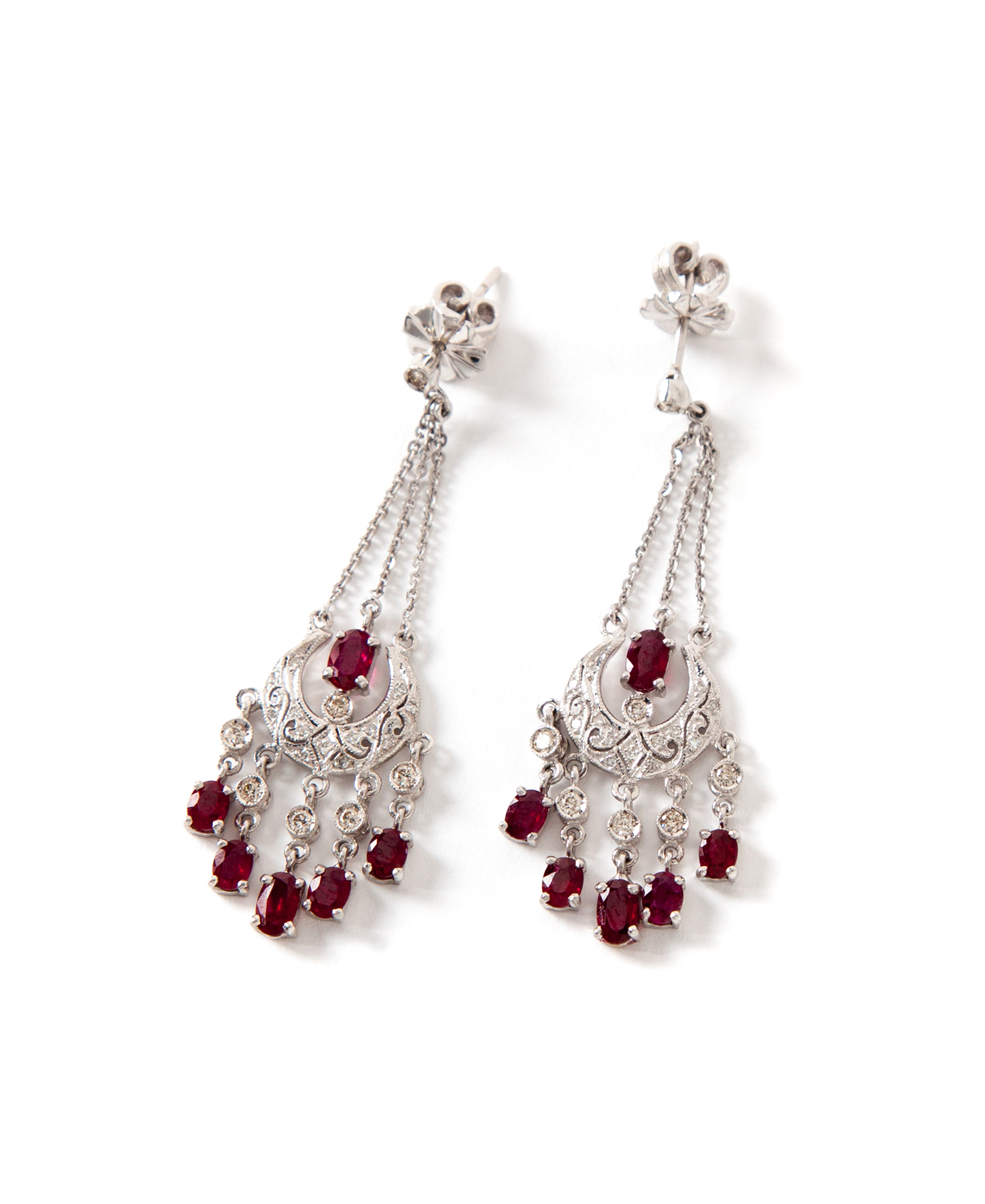 Appraisal: RUBY AND DIAMOND CHANDELIER-STYLE EARRINGS American st century KWG drop