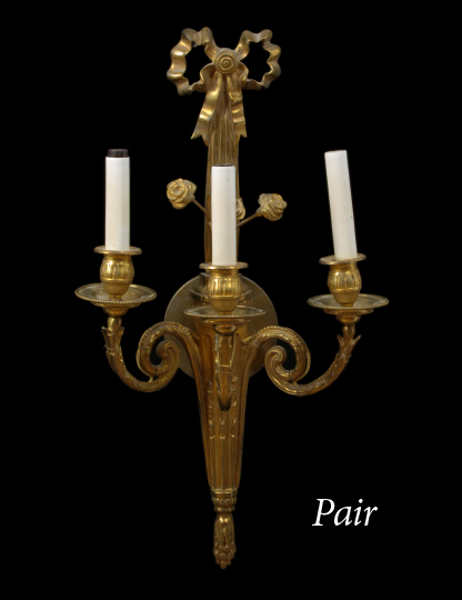 Appraisal: Pair of French Gilded Brass Three-Light Appliques first quarter th