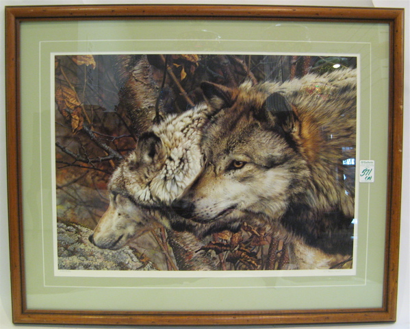 Appraisal: TWO OFF-SET COLOR LITHOGRAPHS grey wolves in an autumn landscape