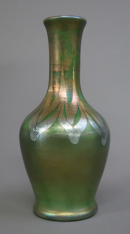 Appraisal: Art Glass Iridescent Green Vase Possibly Union Glass Company Somerville