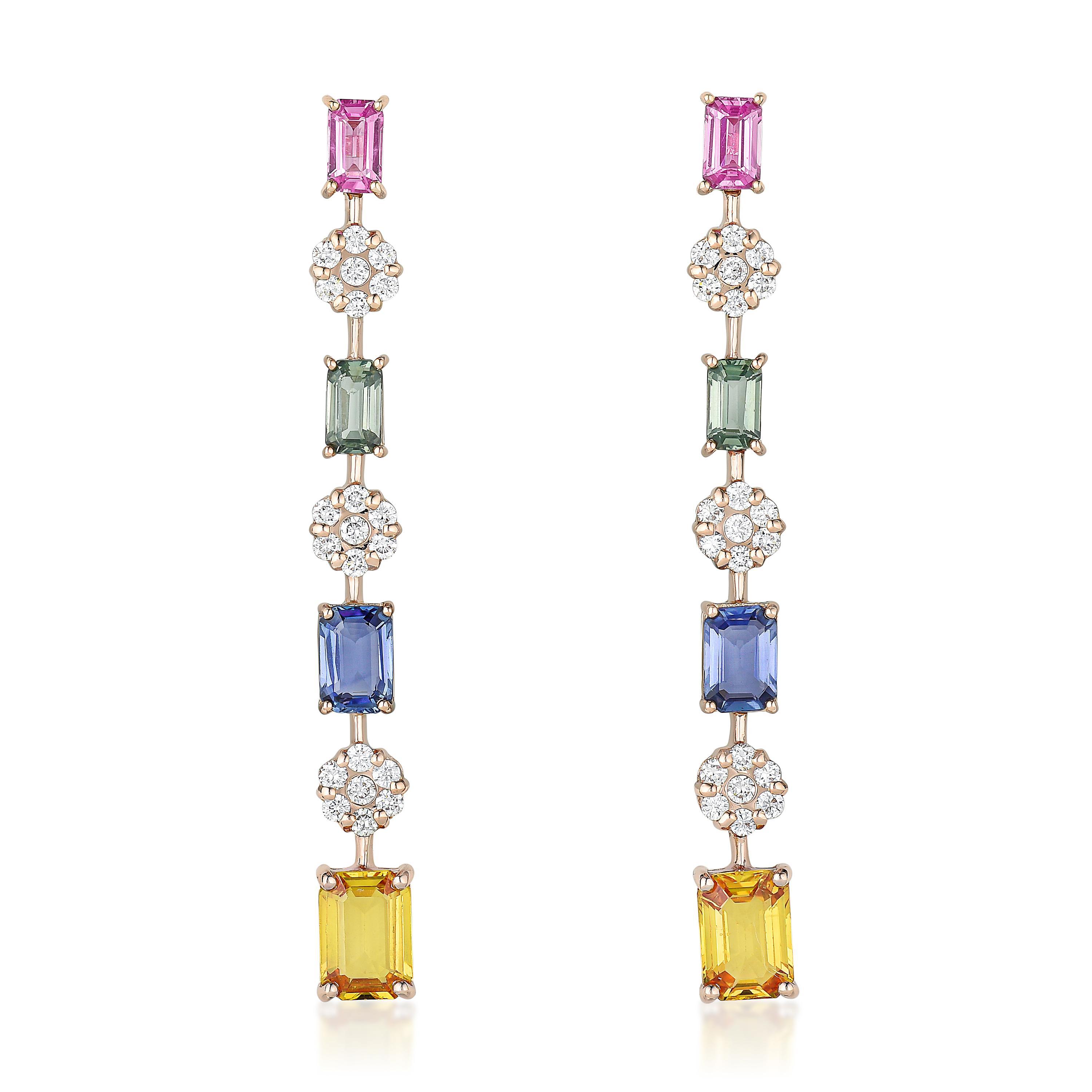 Appraisal: MULTI-COLORED SAPPHIRE AND DIAMOND DROP EARRINGS METAL K rose gold