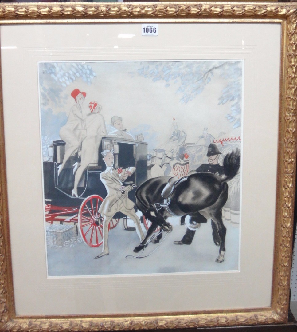 Appraisal: A R Thompson th century Incident at Ascot watercolour and