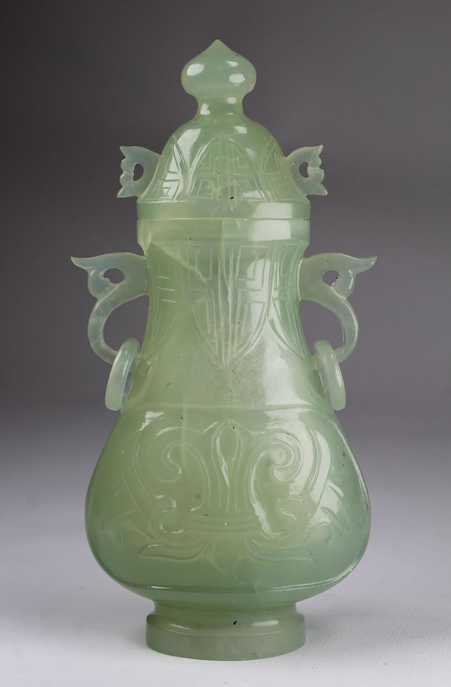 Appraisal: Chinese Glass Jade Vase Chinese Glass Jade Vase Height inches