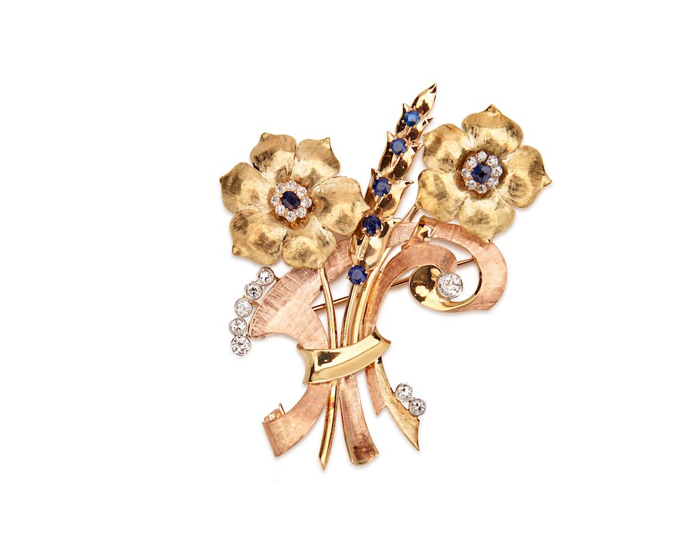 Appraisal: K Gold Diamond and Sapphire Brooch K Gold Diamond and