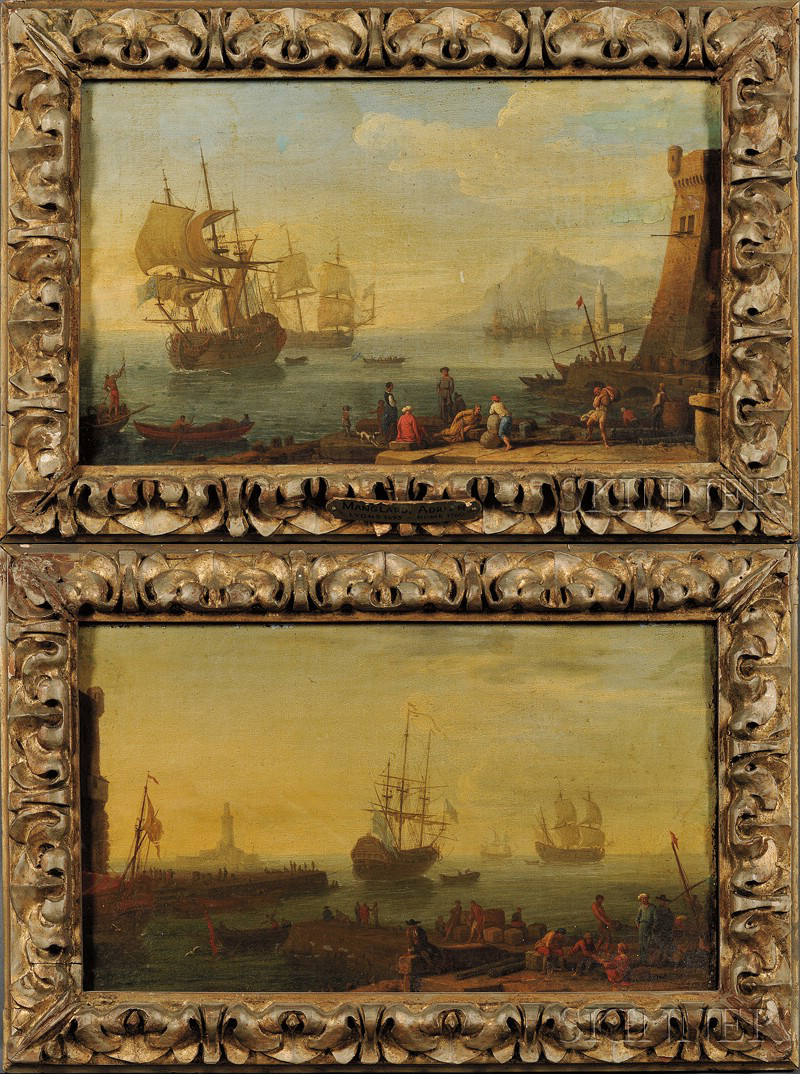 Appraisal: Attributed to Adrien Manglard French - Lot of Two Harbor