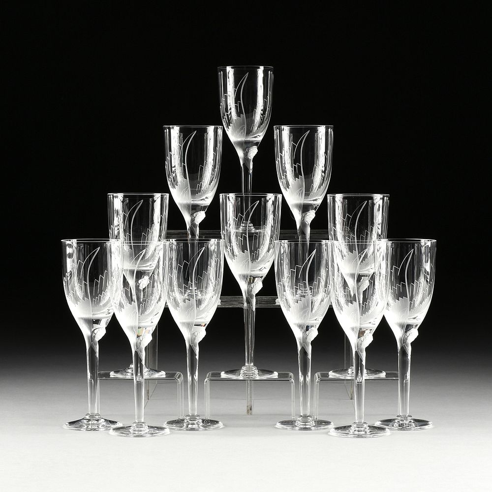 Appraisal: A SET OF TWELVE LALIQUE ETCHED CHAMPAGNE STEMWARE ANGE FRANCE