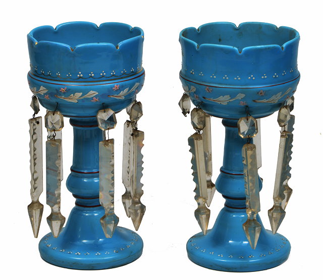 Appraisal: A PAIR OF TH CENTURY BLUE GLASS LUSTRES each with