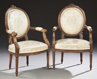 Appraisal: Pair of French Louis XVI Style Carved Beech Fauteu Pair