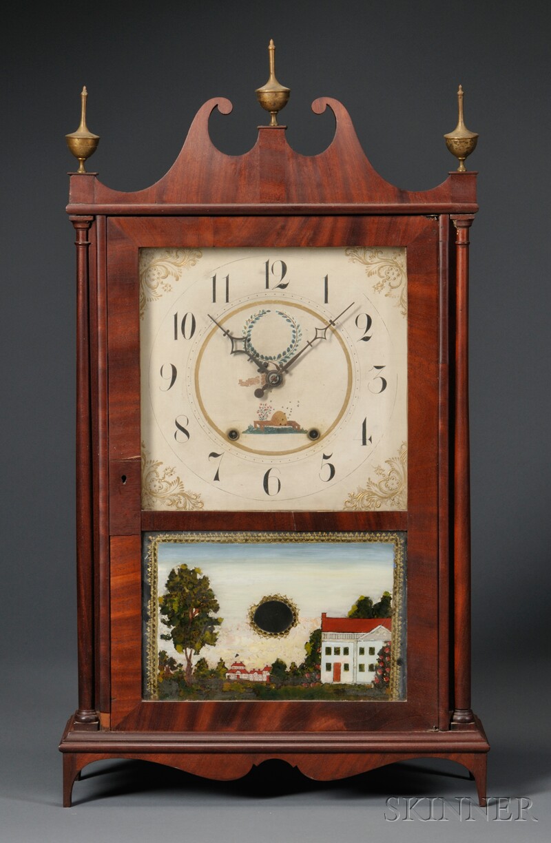 Appraisal: Mahogany Veneer Pillar and Scroll Shelf Clock Bishop Bradley Watertown