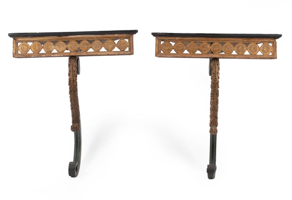 Appraisal: Pair of Regency-Style Parcel Gilt and Chinoiserie-Decorated Corner Consoles triangular