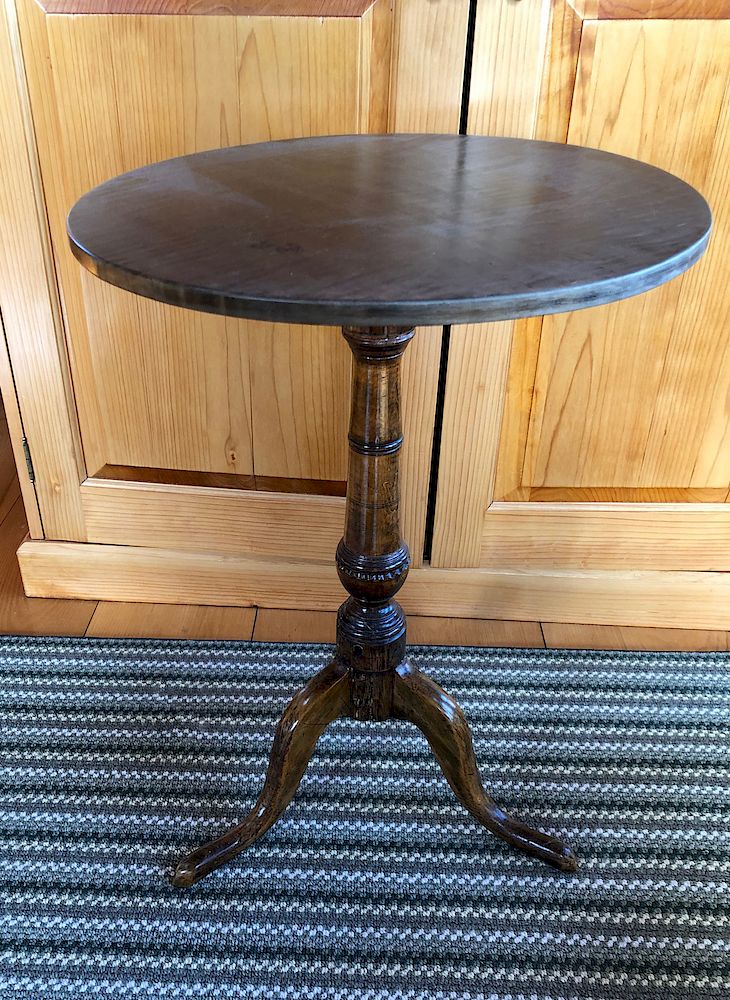 Appraisal: Antique Tiger Maple and Elmwood Round Candlestand Exclusive on Bidsquare