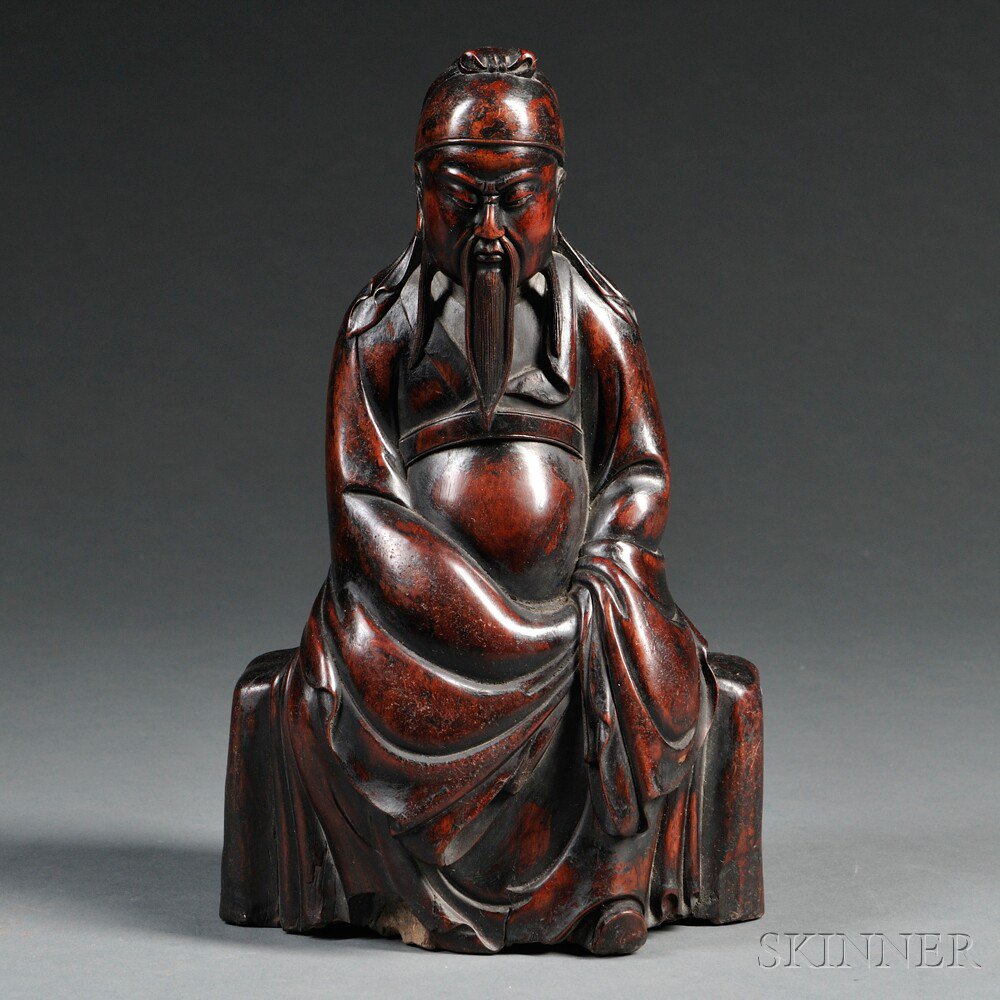 Appraisal: Carved Wood Guandi China depicted seated and dressed in scholar's