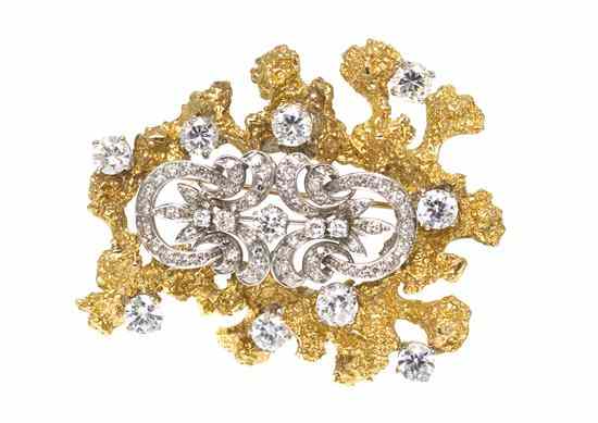 Appraisal: A Karat Yellow Gold Platinum Diamond and Cubic Zirconia Brooch