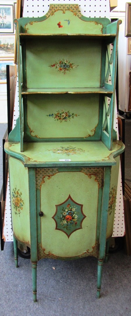 Appraisal: An early th century green and floral painted side cabinet