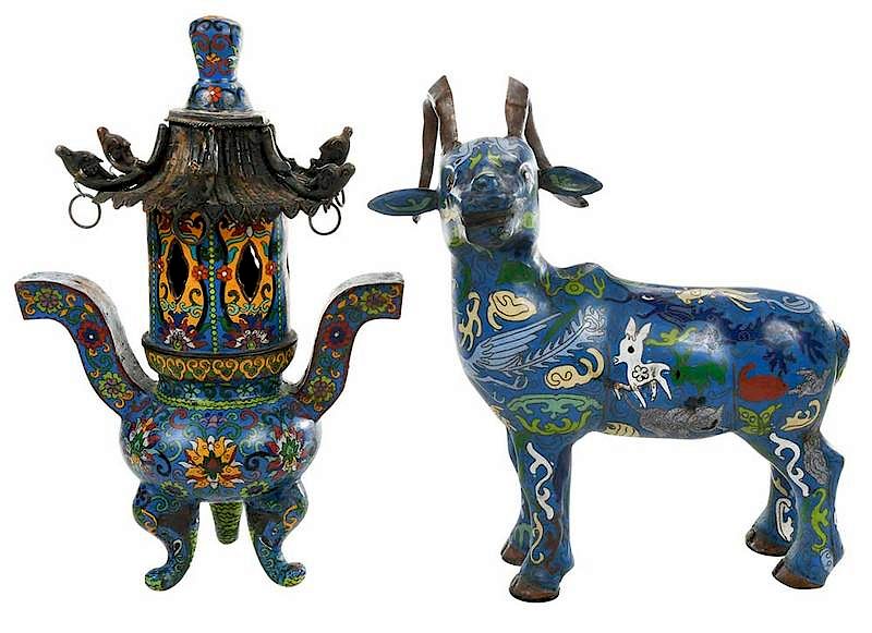 Appraisal: Cloisonne Figural Ram and Temple Form Censor Chinese early th