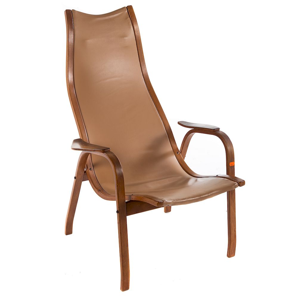 Appraisal: Leather Sling Chair Mid- th century beige leather on bentwood