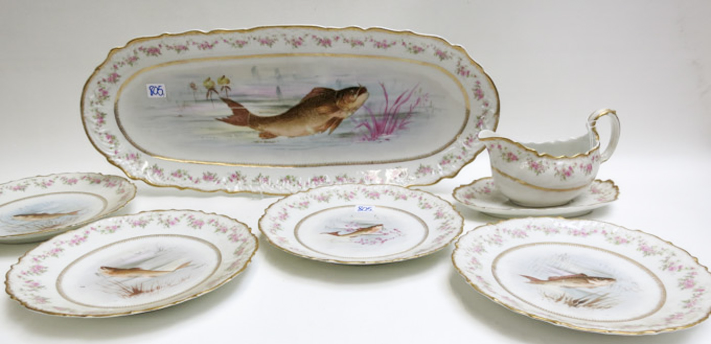 Appraisal: NINE PIECE LIMOGES PORCELAIN FISH SET by Delinieres Co various