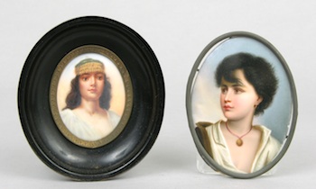 Appraisal: Two Hand Painted Oval Miniature Portraits of Young Gypsy Women