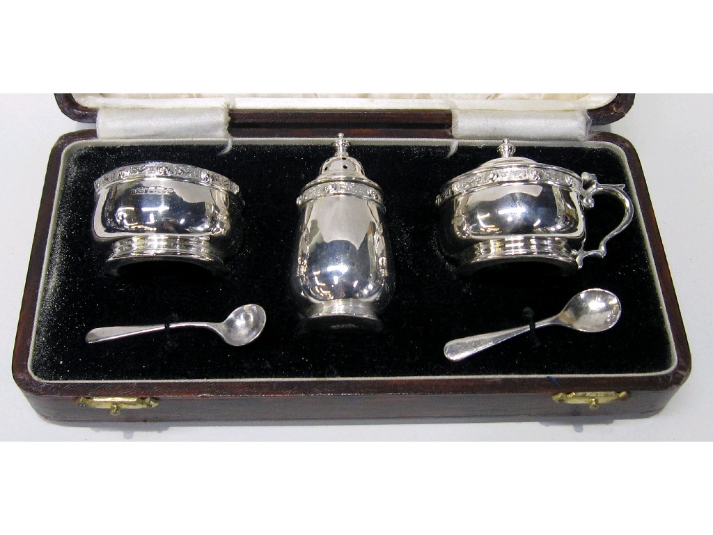 Appraisal: Cased three piece silver condiment set with Celtic decoration Sheffield