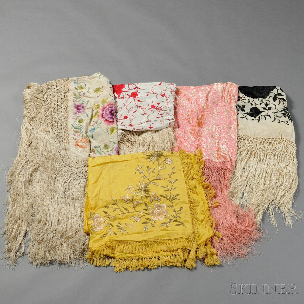 Appraisal: Five Export Macrame Shawls China th century a cream silk