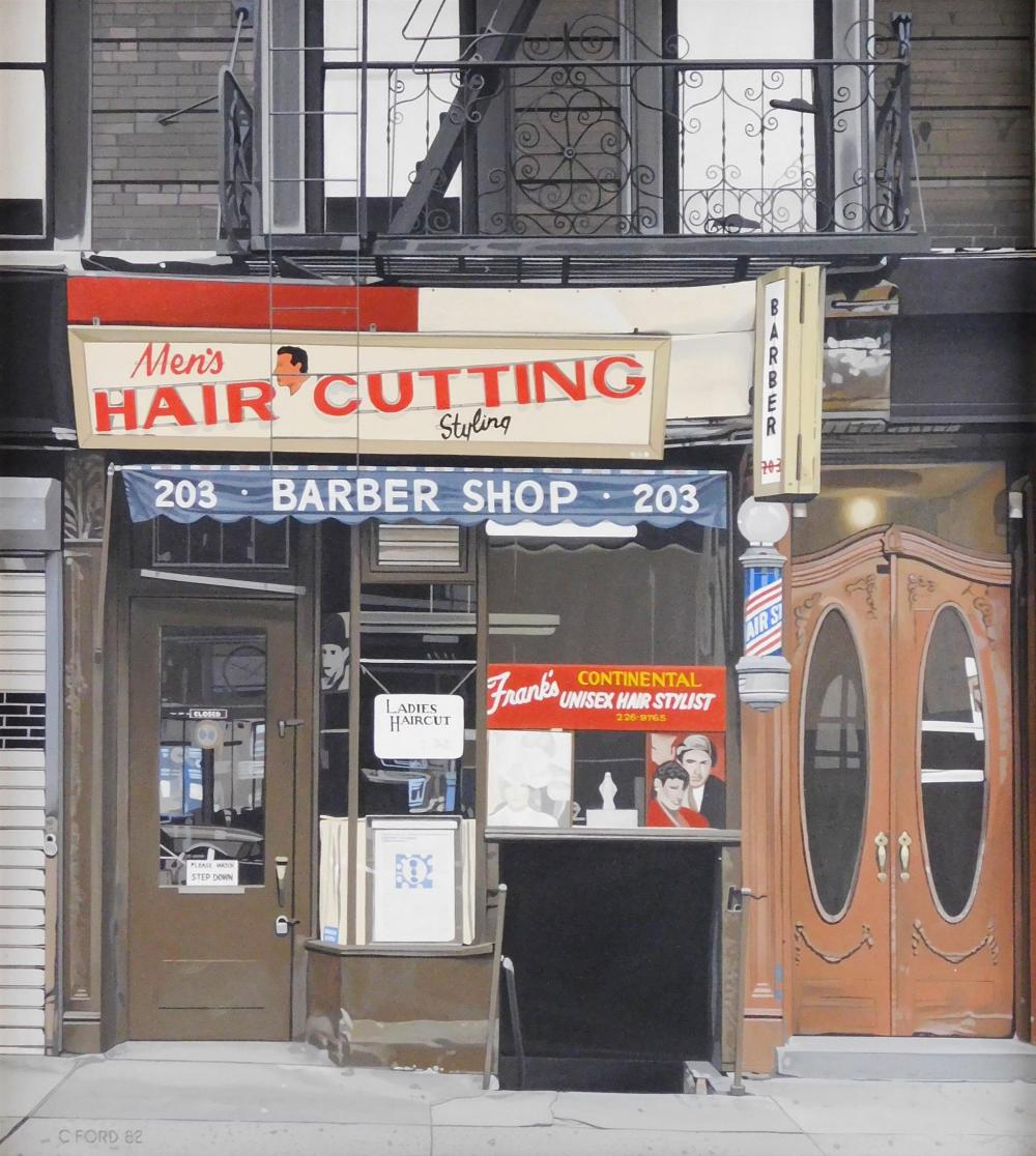 Appraisal: Charles Ford American b Barber Shop acrylic on canvas realistic