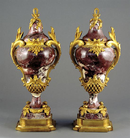 Appraisal: Pair French gilt-bronze mounted rouge marble urns th centurydomed bell-shaped