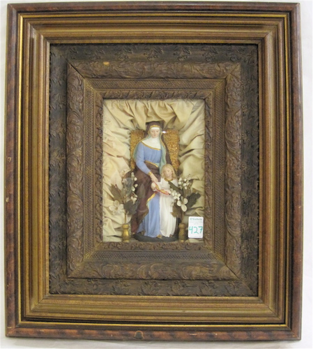 Appraisal: VICTORIAN AMERICAN SHADOWBOX WITH HAND PAINTED Madonna and child plaster