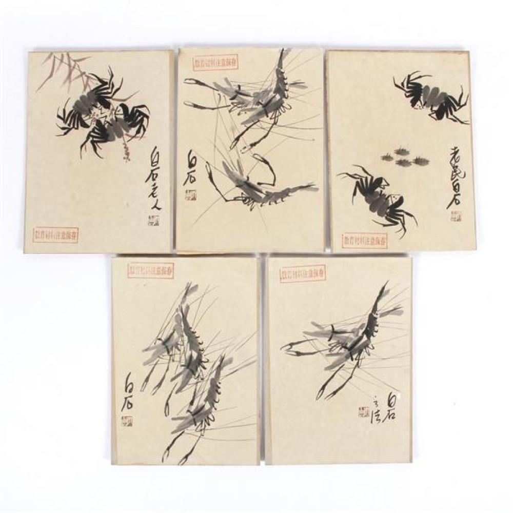 Appraisal: QI BAISHI CHINESE - BOXED SET WITH FIVE ORIGINAL WATERCOLORS