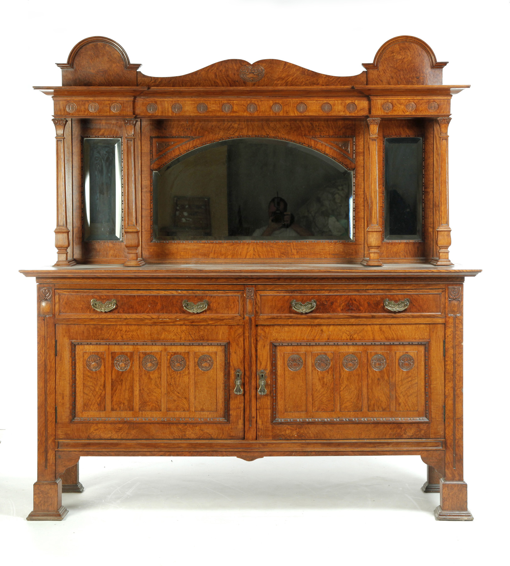 Appraisal: ENGLISH ART NOUVEAU SIDEBOARD - burlwood mahogany and oak Mirrored