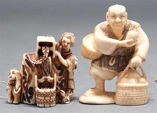 Appraisal: Two Japanese carved ivory netsukes woman at a wellhead and