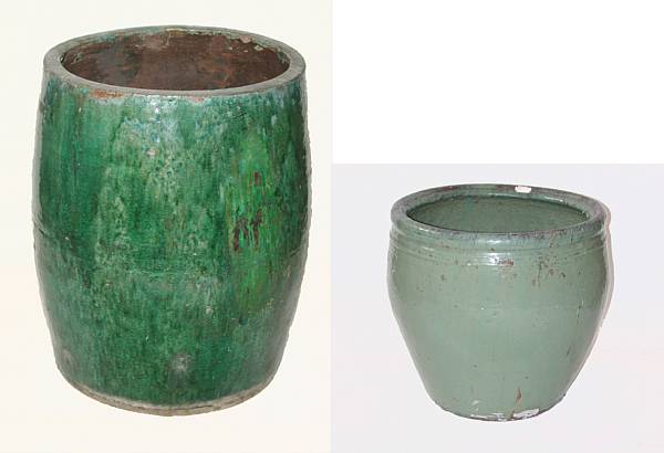 Appraisal: Three green glazed pottery jars heights between in and in