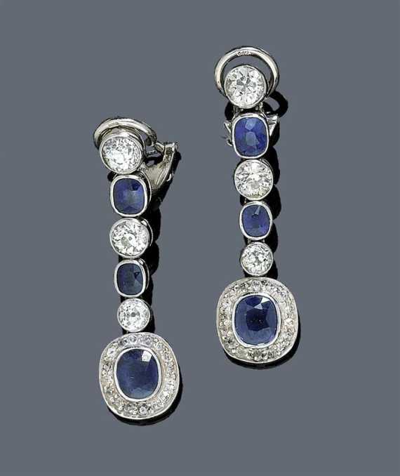 Appraisal: SAPPHIRE AND DIAMOND EAR PENDANTS ca White gold Very decorative