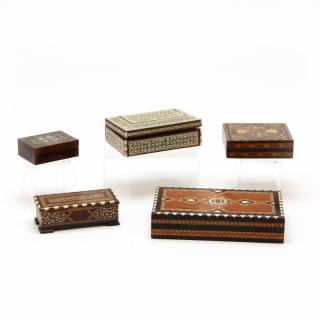 Appraisal: Five Vintage Inlaid Boxes early to mid th century with