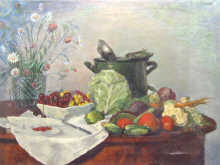 Appraisal: Oil on canvas a still life picture of vegetables and