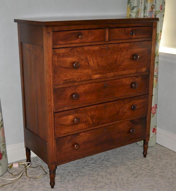 Appraisal: American Country Sheraton Tall Chest mahogany veneers two short over