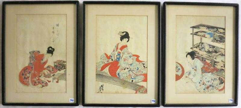 Appraisal: TOYOHARA CHIKANOBU THREE WOODCUTS Japanese - Triptych with three women