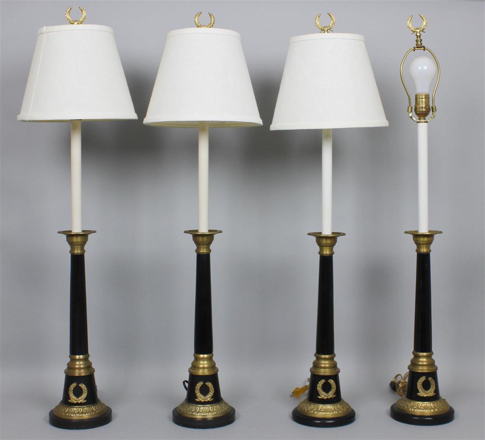 Appraisal: SET OF FOUR NEOCLASSICAL STYLE BRASS MOUNTED PATINATED METAL CANDLESTICK