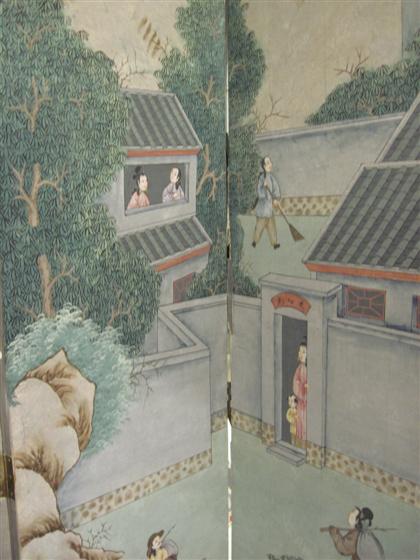 Appraisal: Japanese-made Chinese-market painted silver ground six panel screenFolding six panels