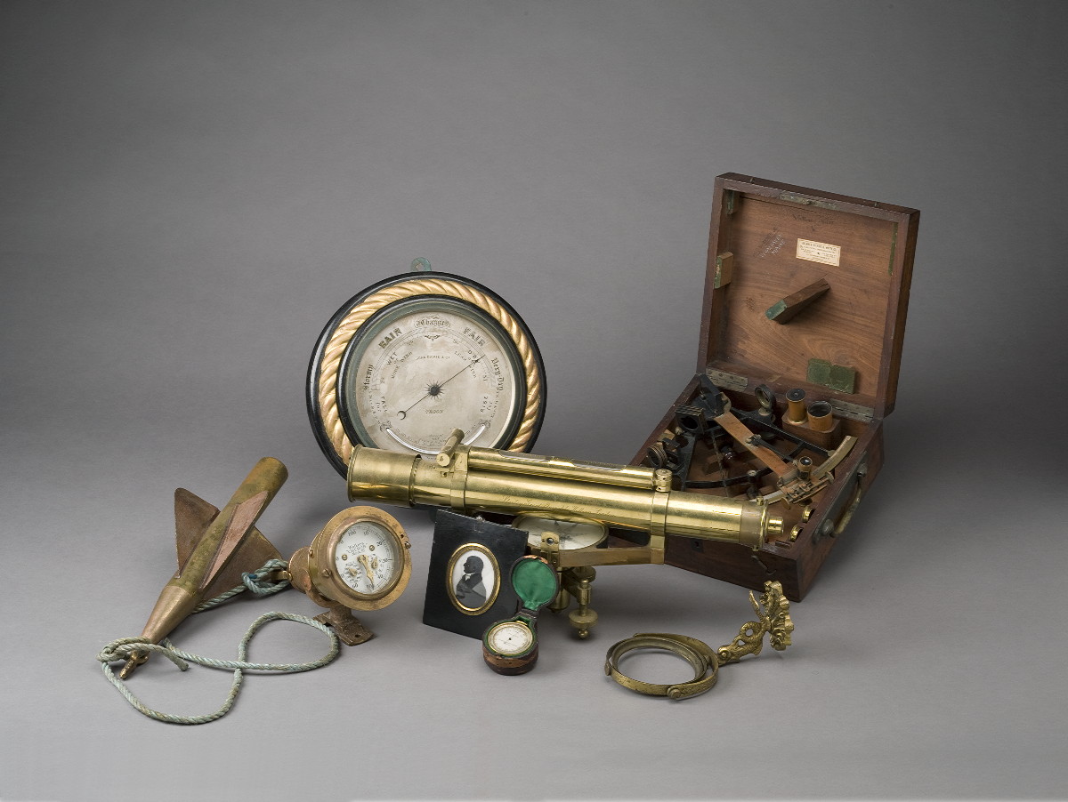 Appraisal: BRASS LEATHER-WRAPPED FIVE-DRAW TELESCOPE AND THREE ORNATE BRASS GIMBALS The