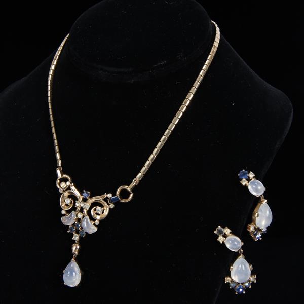 Appraisal: Trifari pc Gold Tone Blue Rhinestone Moonstone Set with Demilune