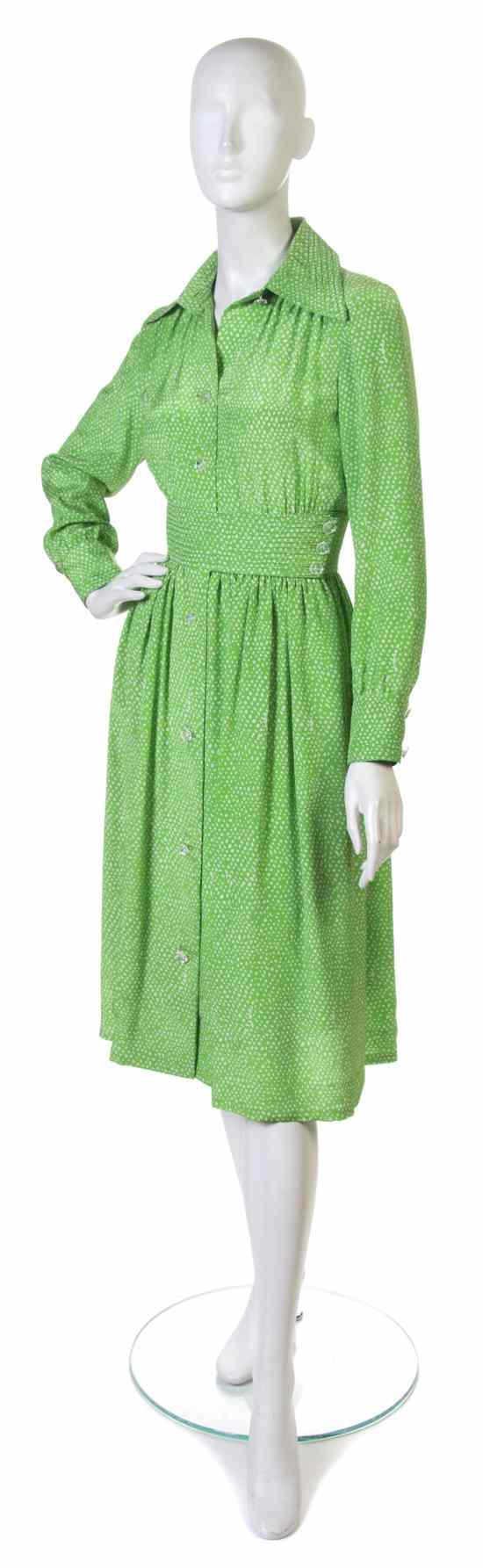 Appraisal: A Galanos Green Silk Day Dress Labeled Galanos