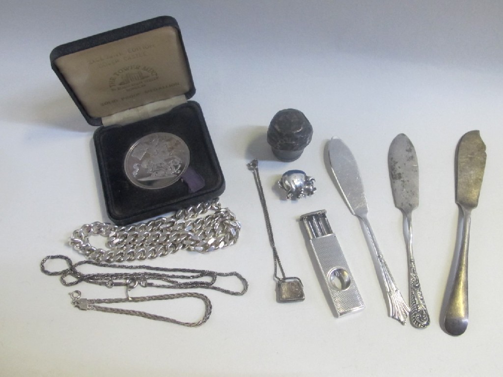 Appraisal: Lot comprising silver cigar cutter medallion neck chain etc