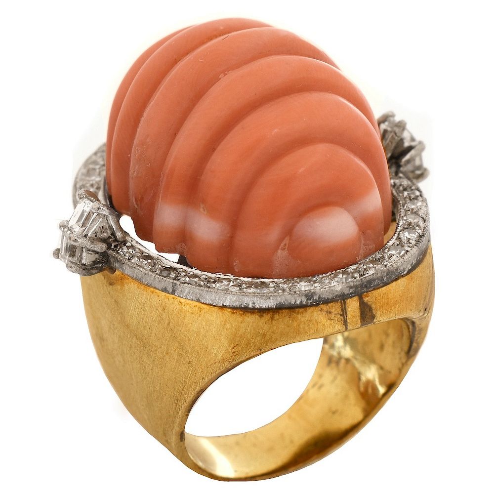 Appraisal: Vintage Coral Diamond and K Ring Vintage Carved Red Coral